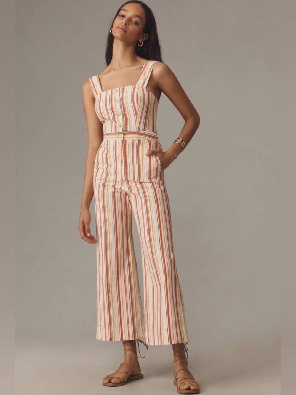 Anthropologie Striped Cream and Rust Wide-Strap Button Jumpsuit